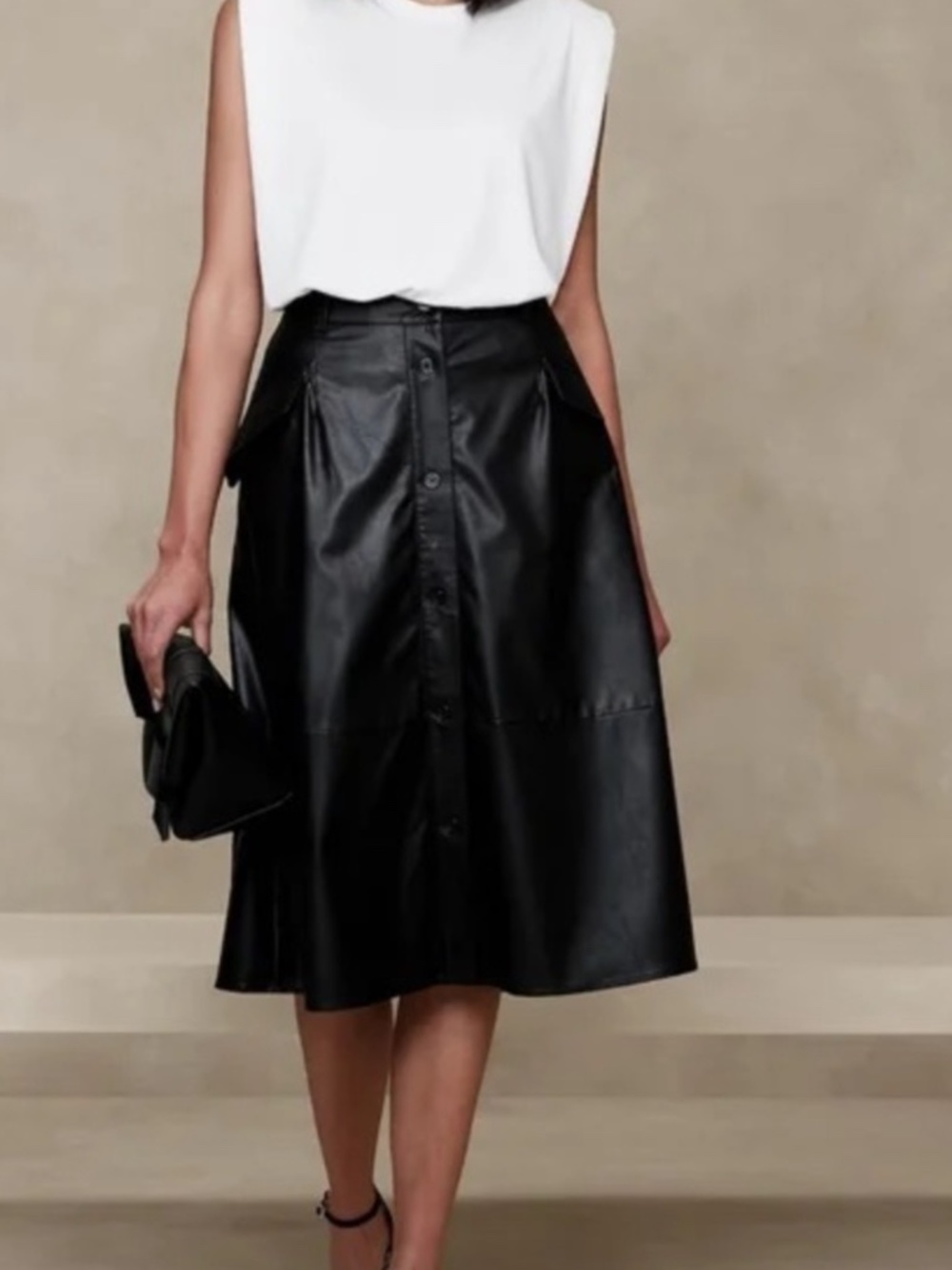 Banana Republic Black Vegan Leather A-Line Skirt with Front Buttons